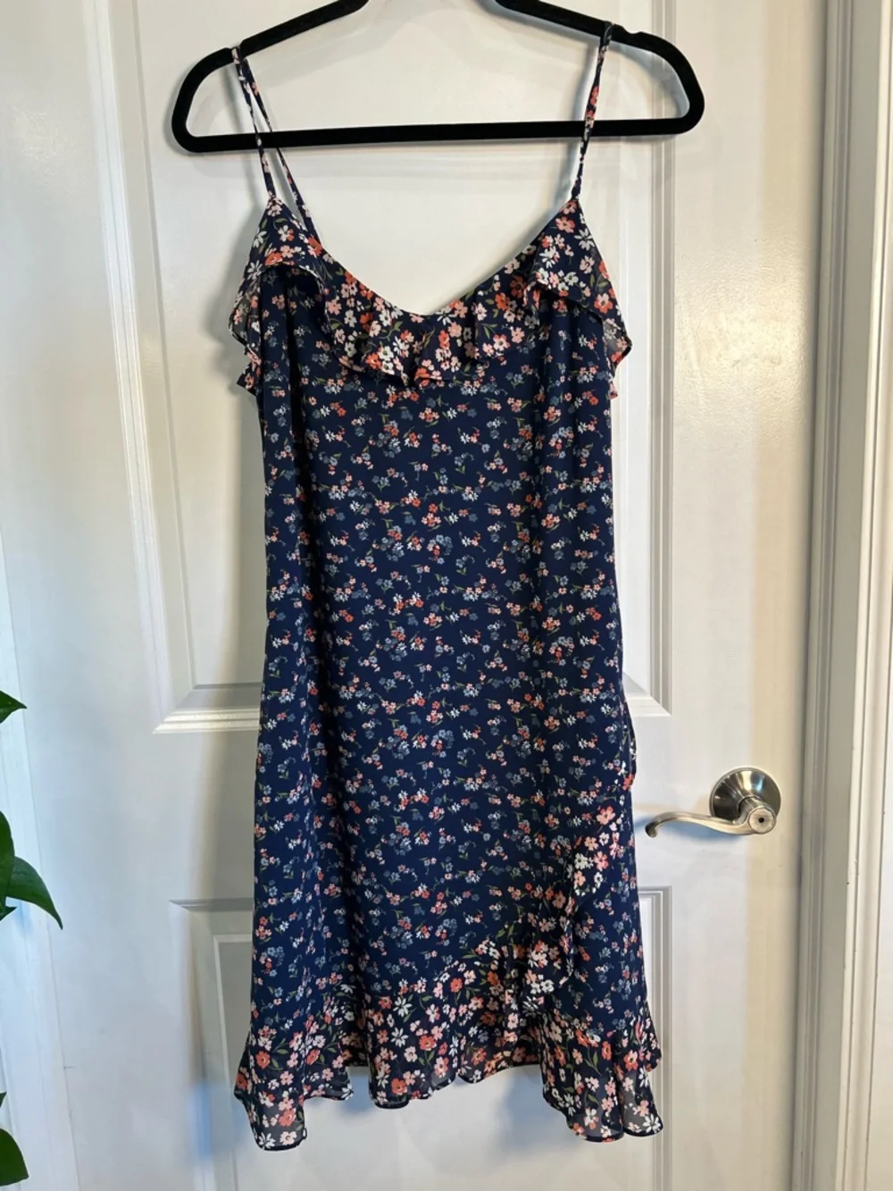 Michael Kors Navy‎ Floral Georgette Slip Dress with Ruffle Trim Size Small